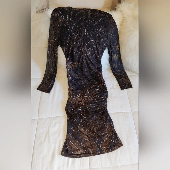 Farm Rio Black Golden Foliage Tulle Midi Dress - Picture 8 of 15